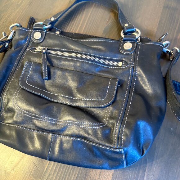 Fossil Black Leather Handbag Purse White Stitching Shoulder Strap - Picture 2 of 10